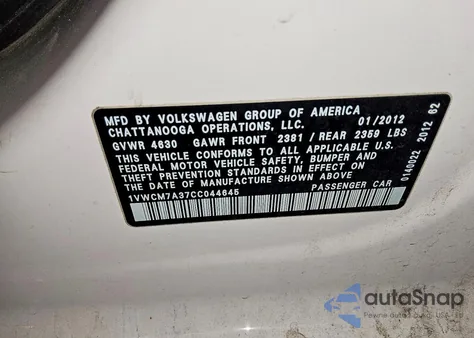 2012 Volkswagen Passat Sel from USA, damaged, VIN 1VWCM7A37CC044645